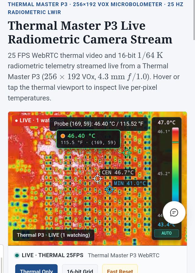 The public stream page on a phone: a thermal image of the card's back, probe at 46.4 °C, range 41 to 47 °C